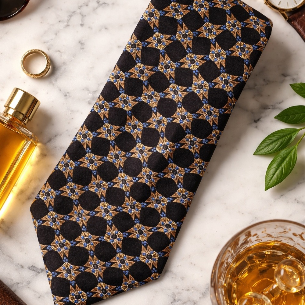 Vintage Valentino Italy Silk Tie Black Gold Blue  Luxury Wedding Old Money Chic